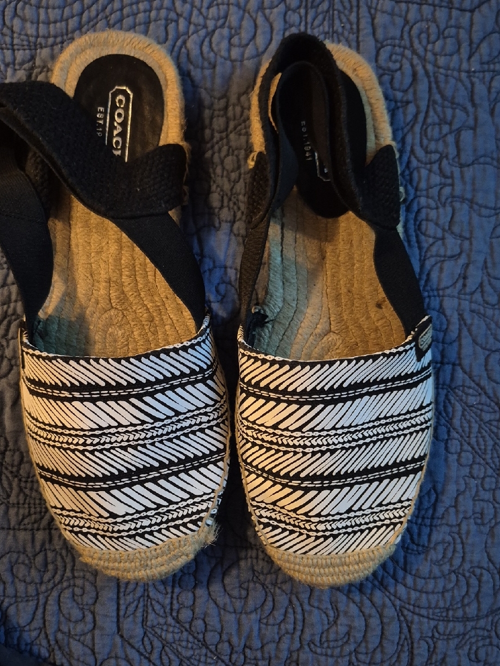 Coach Black and White Striped Espadrille Sandals